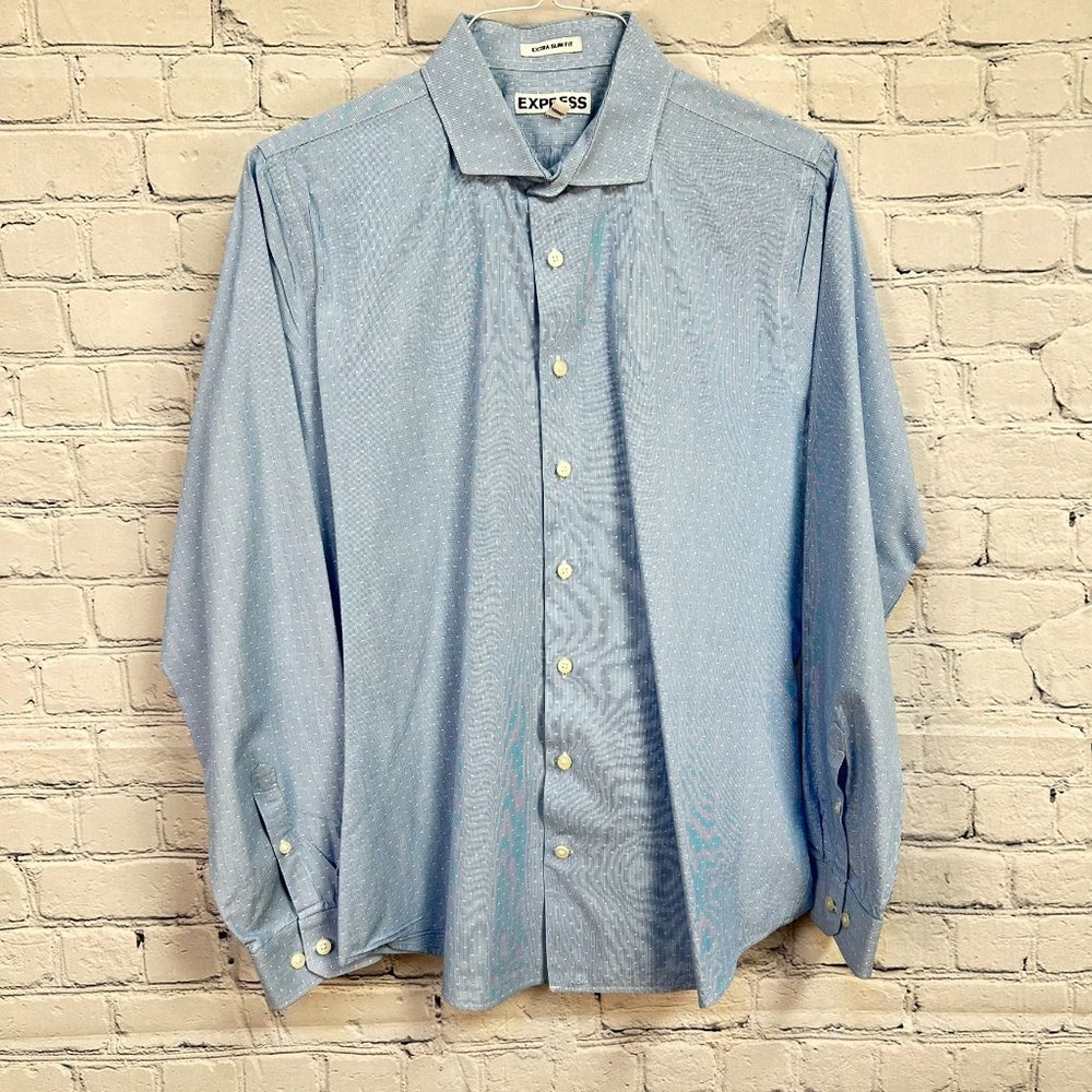 Express Extra Slim Fit 100% Cotton‎ Dress Shirt, Size 16/16.5, Light Blue/White